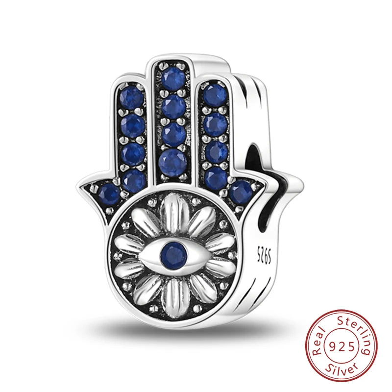 925 Sterling Silver Evil Eye & Hamsa Charms – Blue CZ Protection Beads for Bracelet or Necklace
