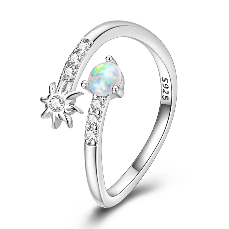 925 Sterling Silver Sun & Opal Open Adjustable Starburst Ring