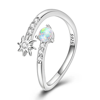 925 Sterling Silver Sun & Opal Open Adjustable Starburst Ring