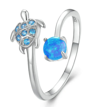Ocean-Inspired Adjustable Ring in 925 Sterling Silver – Starfish, Turtle, Wave & Opal Designs