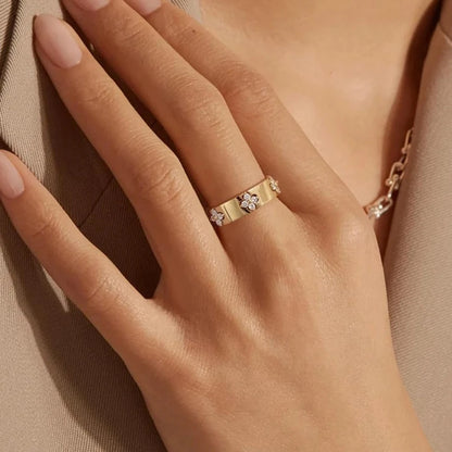 925 Sterling Silver Lucky Clover Moissanite Ring – Gold Plated Wide Band