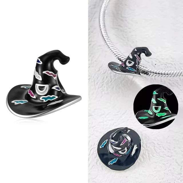 925 Sterling Silver Halloween Charm – Pumpkin Wagon & Magic Hat Bead for Bracelet or Pendant