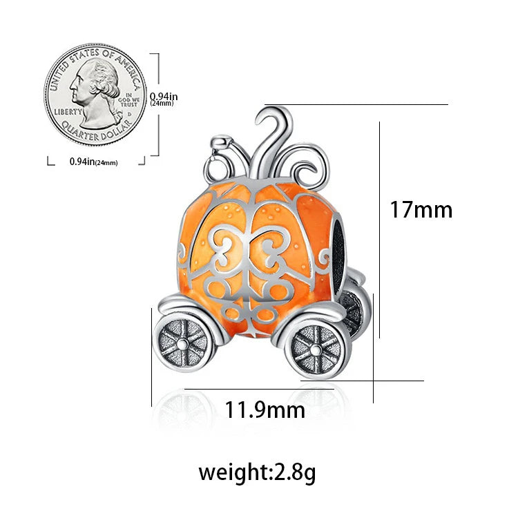 925 Sterling Silver Halloween Charm – Pumpkin Wagon & Magic Hat Bead for Bracelet or Pendant