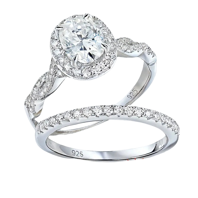 Oval Cut Moissanite Halo Engagement Ring Set with Lab-Grown Diamond Accents – 925 Sterling Silver Bridal Set