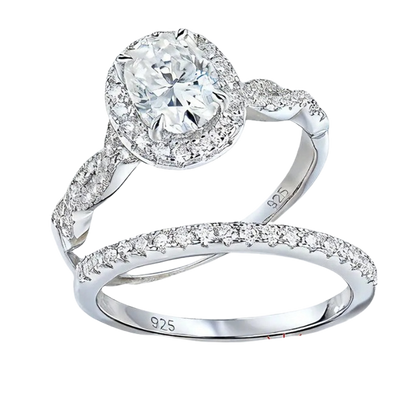 Oval Cut Moissanite Halo Engagement Ring Set with Lab-Grown Diamond Accents – 925 Sterling Silver Bridal Set