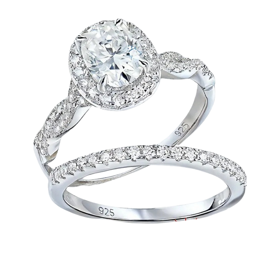 Oval Cut Moissanite Halo Engagement Ring Set with Lab-Grown Diamond Accents – 925 Sterling Silver Bridal Set
