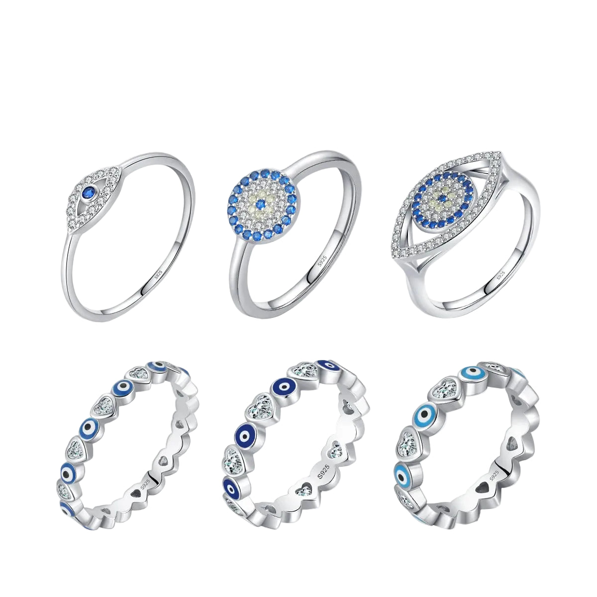 Set of silver rings with blue and white gemstones on a white background VAMORRA