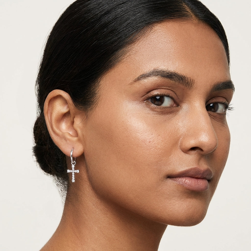 Cross Hoop Earrings with Lab-Grown Diamonds in 925 Sterling Silver