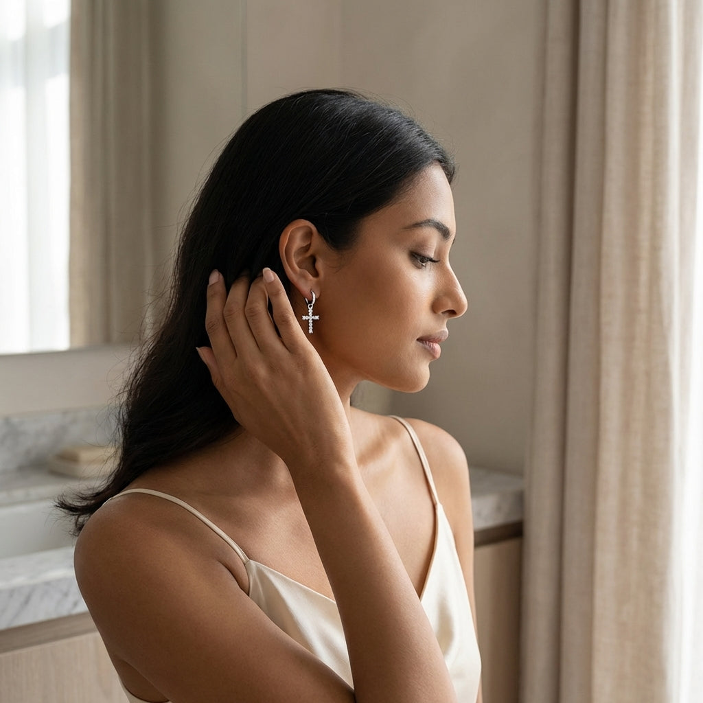 Cross Hoop Earrings with Lab-Grown Diamonds in 925 Sterling Silver