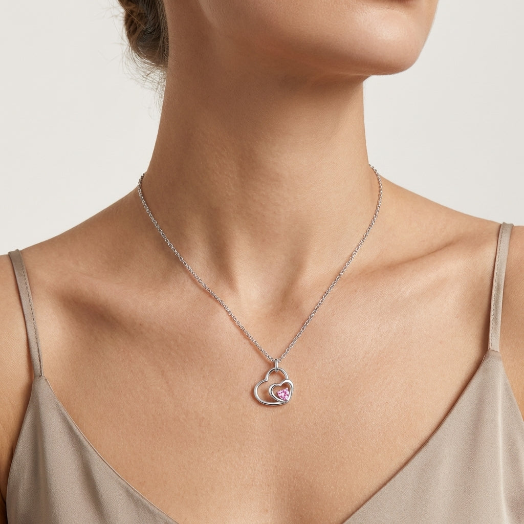 Double Heart Simulated Pink Diamond Necklace in 925 Sterling Silver