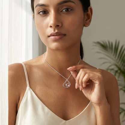 Double Heart Simulated Pink Diamond Necklace in 925 Sterling Silver