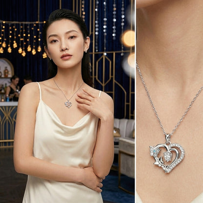 Pink Simulated Diamond Heart Butterfly Necklace 925 Sterling Silve
