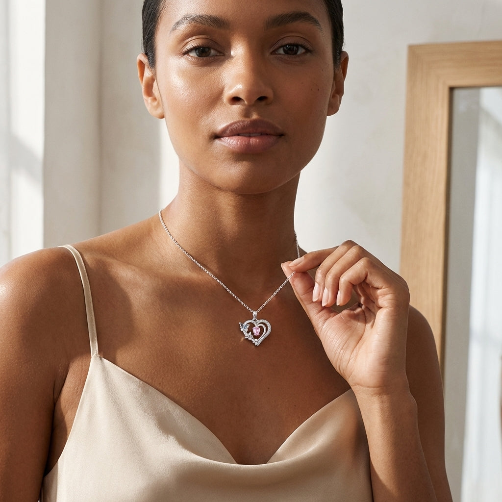 Pink Simulated Diamond Heart Butterfly Necklace 925 Sterling Silve