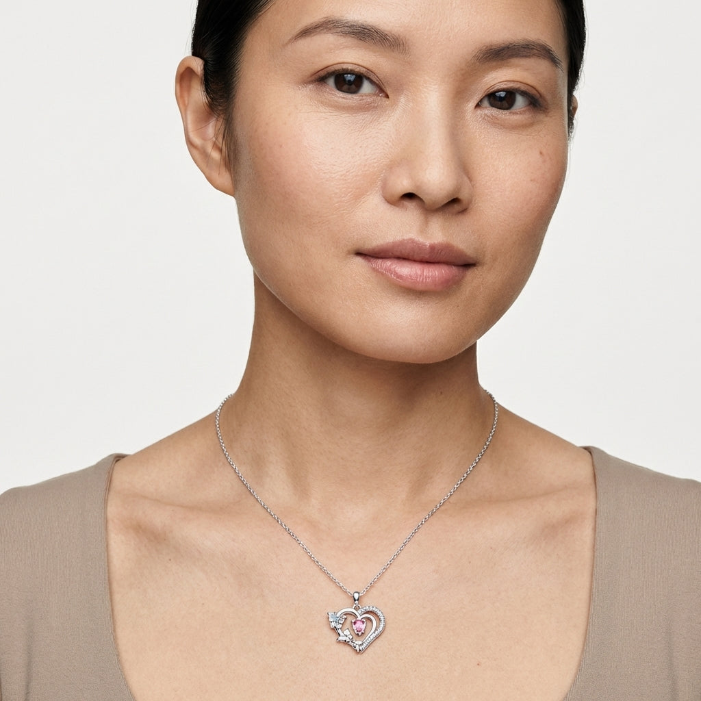 Pink Simulated Diamond Heart Butterfly Necklace 925 Sterling Silve
