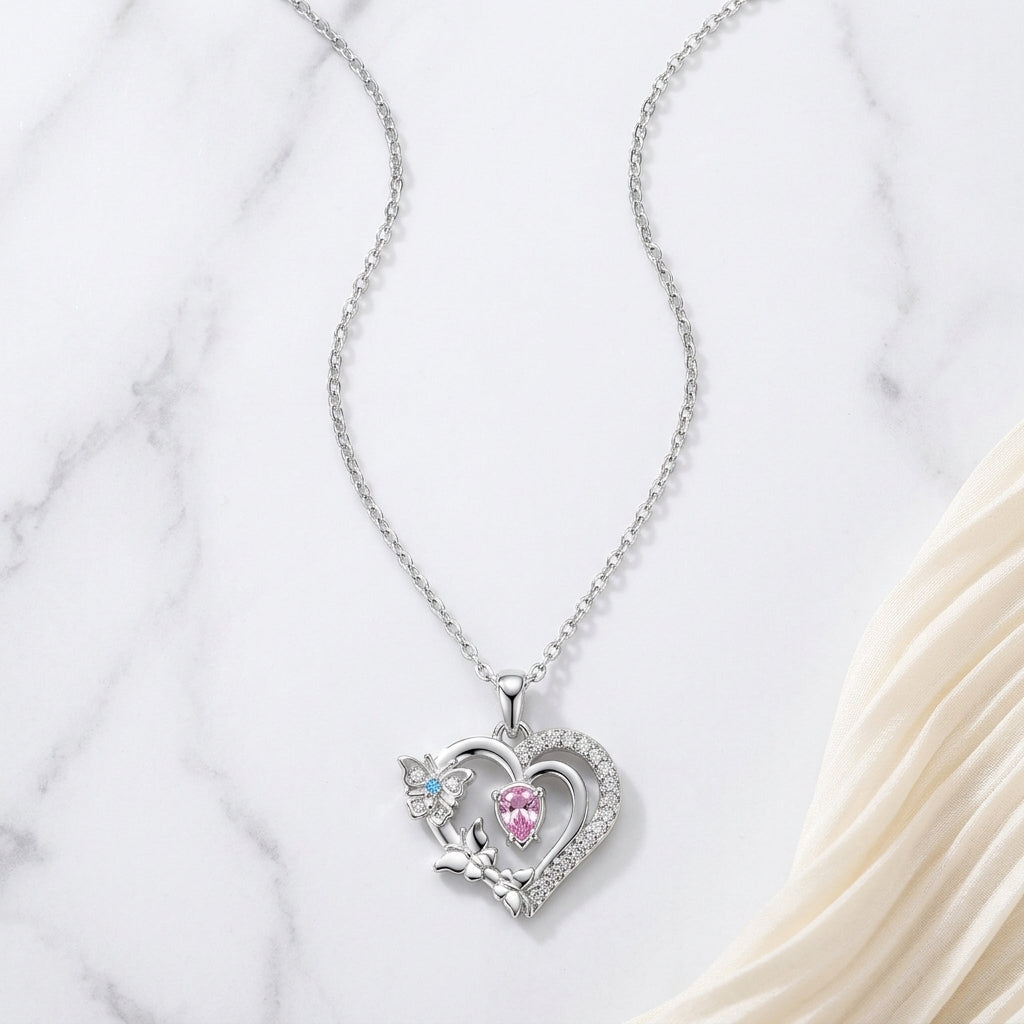 Pink Simulated Diamond Heart Butterfly Necklace 925 Sterling Silve