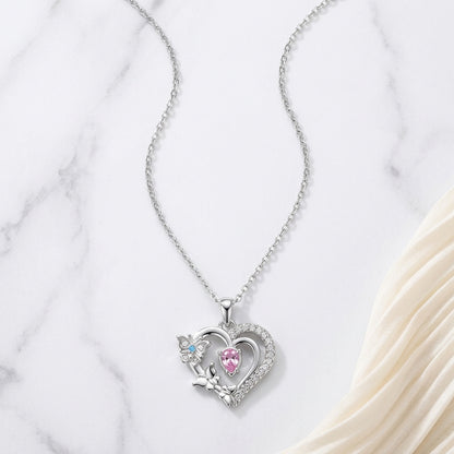 Pink Simulated Diamond Heart Butterfly Necklace 925 Sterling Silve