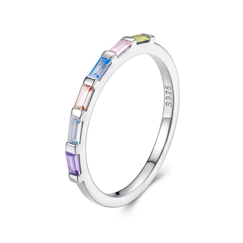 Rainbow Baguette Eternity Ring in 925 Sterling Silver – Dainty Stackable Band