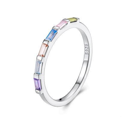 Rainbow Baguette Eternity Ring in 925 Sterling Silver – Dainty Stackable Band