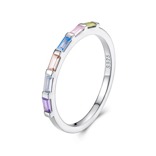 Rainbow Baguette Eternity Ring in 925 Sterling Silver – Dainty Stackable Band