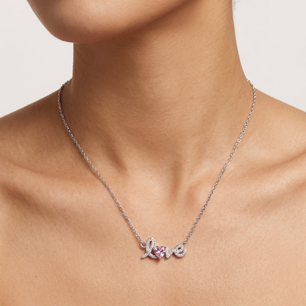 Love Pink Heart Necklace in 925 Sterling Silver