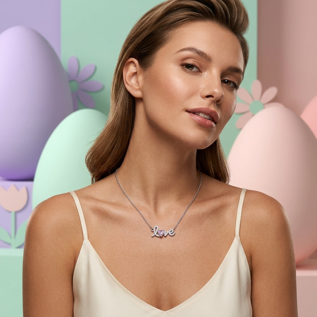 Love Pink Heart Necklace in 925 Sterling Silver