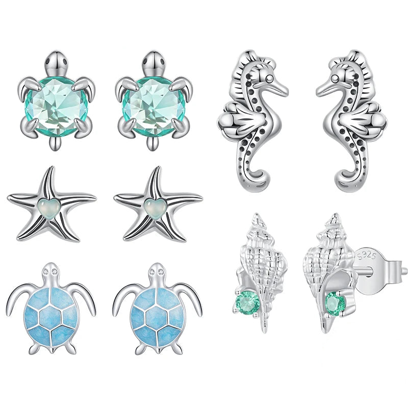 Palash Set of silver sea-themed earrings including turtles, seahorses, and starfish with gemstones