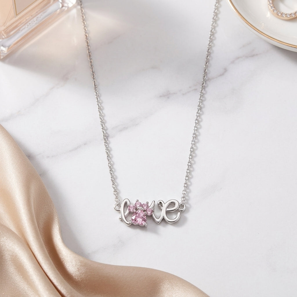 Pink Lab-Grown Diamond Love Paw Necklace in 925 Sterling Silver