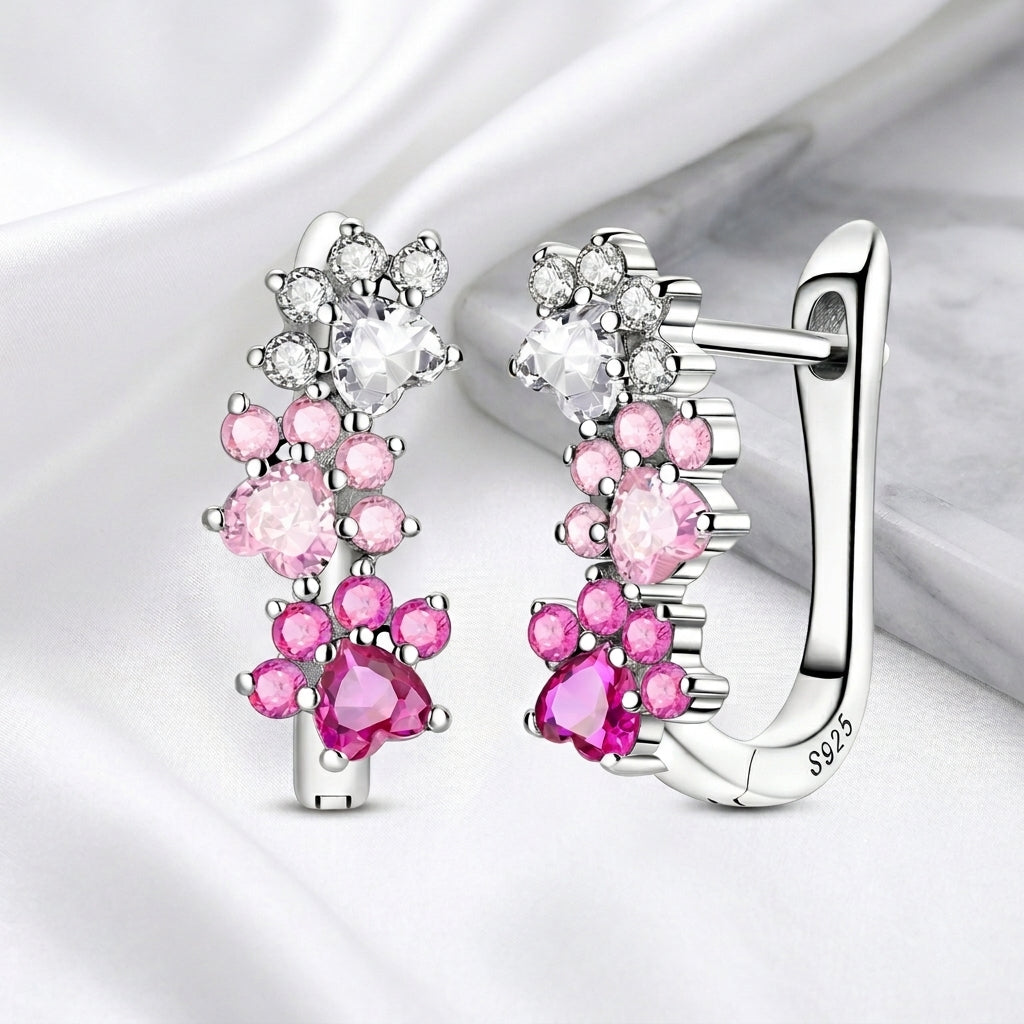Pink Lab-Grown Diamond Dog Paw Hoop Earrings in 925 Sterling Silver – Cute Paw Print Huggies