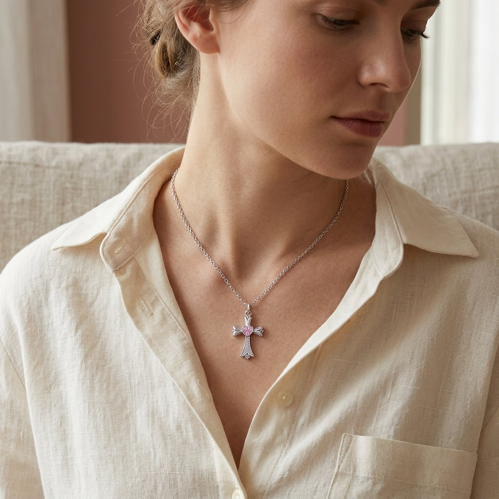 Dainty Gothic Cross Necklace with Pink Lab-Grown Diamonds in 925 Sterling Silver
