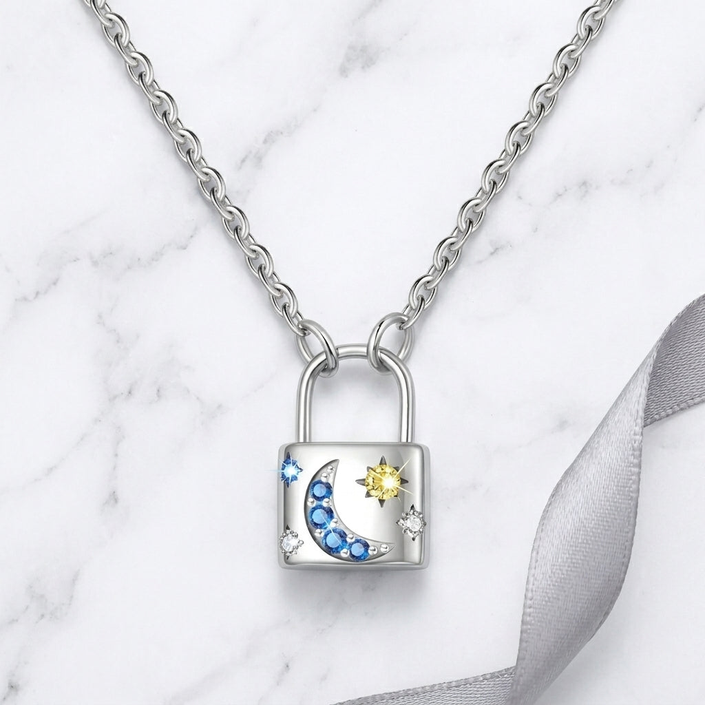 Celestial Lock Pendant Necklace in 925 Sterling Silver