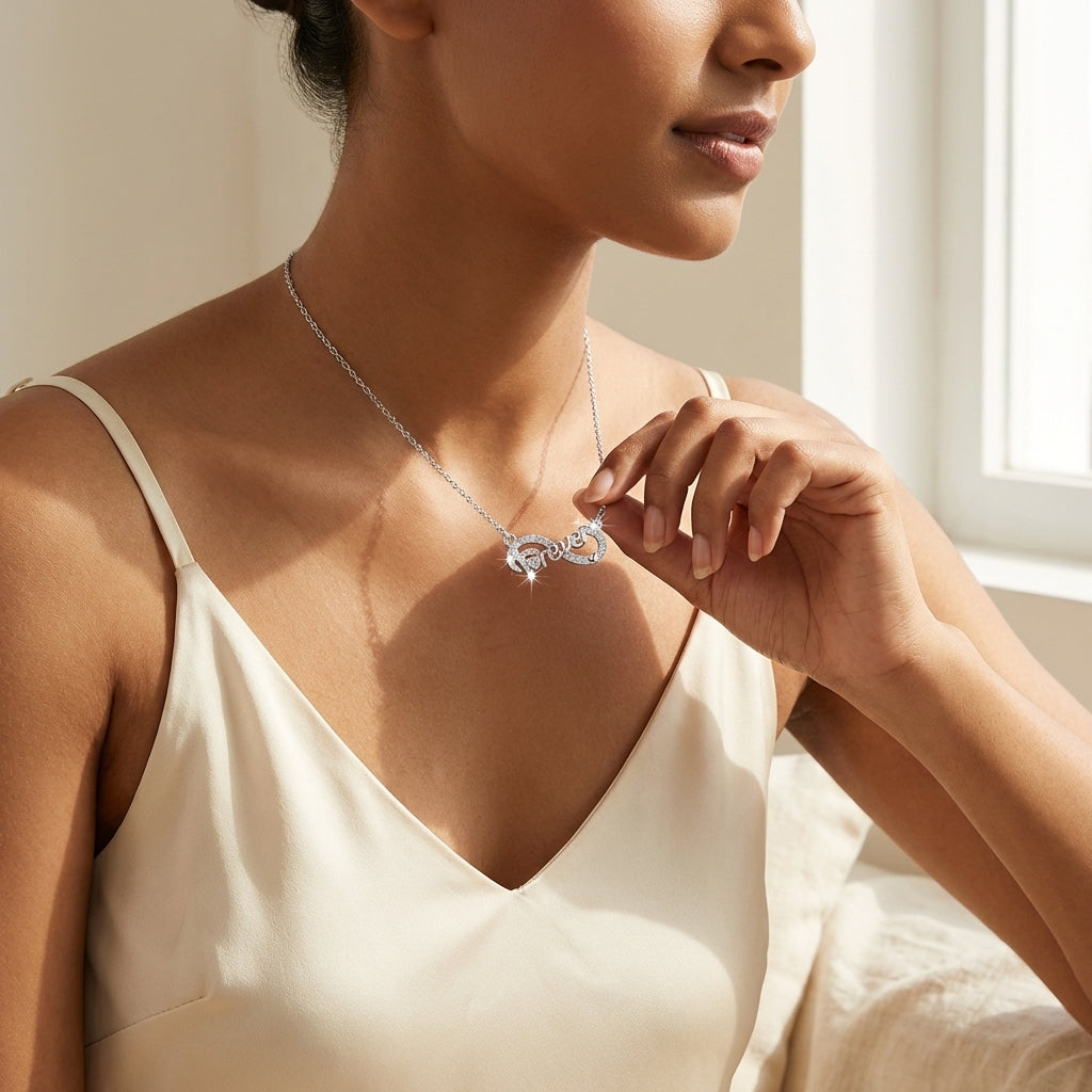 Infinity Forever Necklace with Pink Lab Diamond & Moissanite in 925 Sterling Silver