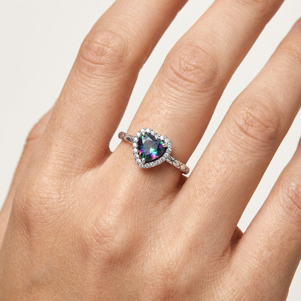 Heart Mystic Topaz Vintage Snake 925 Sterling Silver Retro Ring