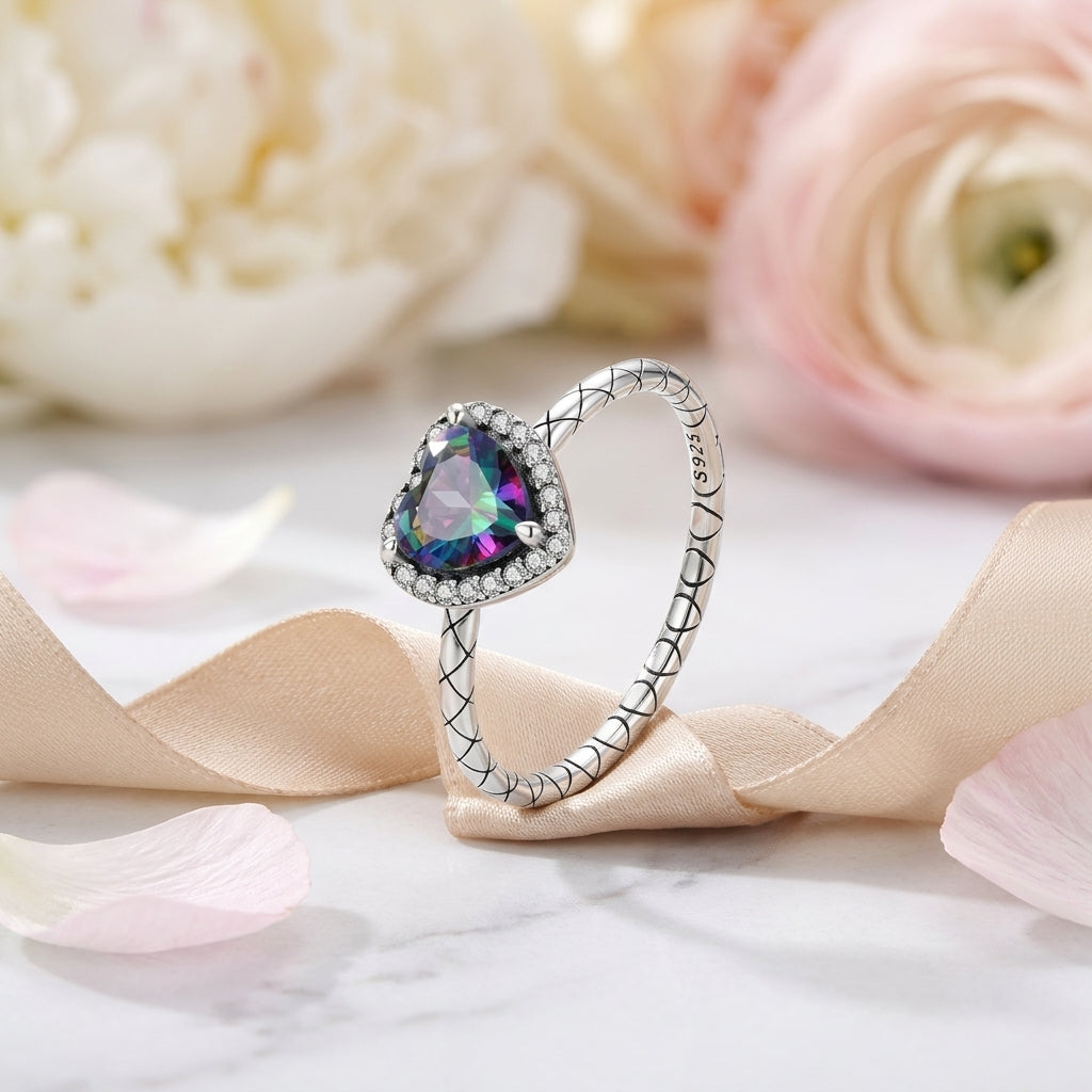 Heart Mystic Topaz Vintage Snake 925 Sterling Silver Retro Ring