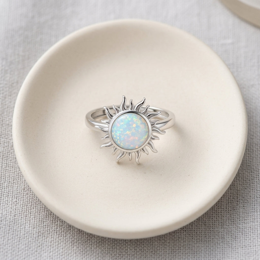 925 Sterling Silver Adjustable Opal Sunburst Ring – Dainty Open Fire Opal Ring for Women