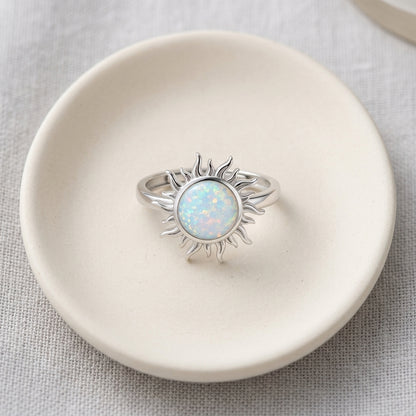 925 Sterling Silver Adjustable Opal Sunburst Ring – Dainty Open Fire Opal Ring for Women