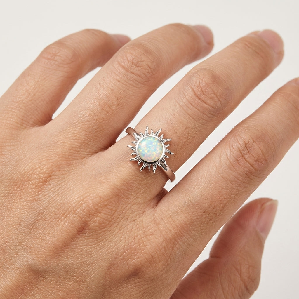 925 Sterling Silver Adjustable Opal Sunburst Ring – Dainty Open Fire Opal Ring for Women