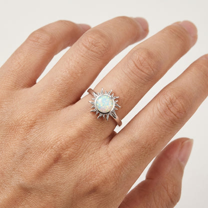 925 Sterling Silver Adjustable Opal Sunburst Ring – Dainty Open Fire Opal Ring for Women