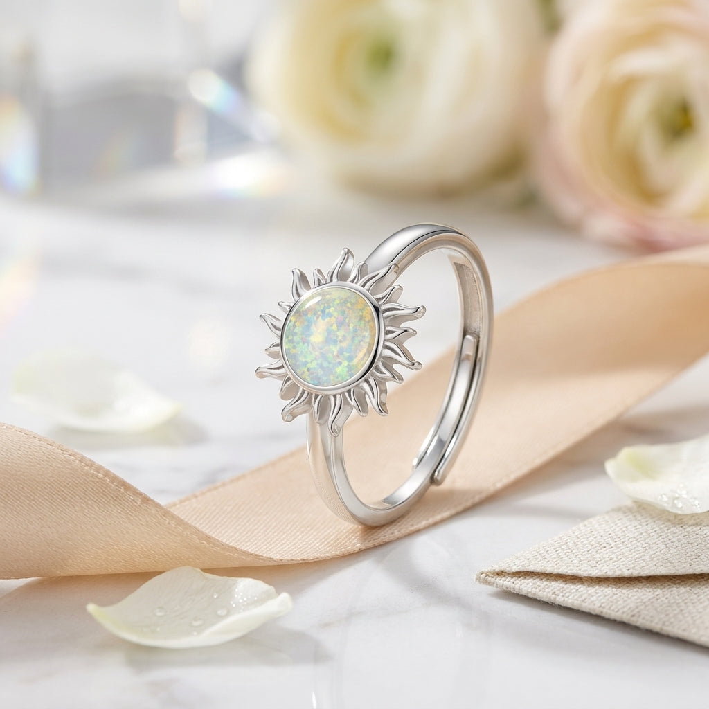 925 Sterling Silver Adjustable Opal Sunburst Ring – Dainty Open Fire Opal Ring for Women