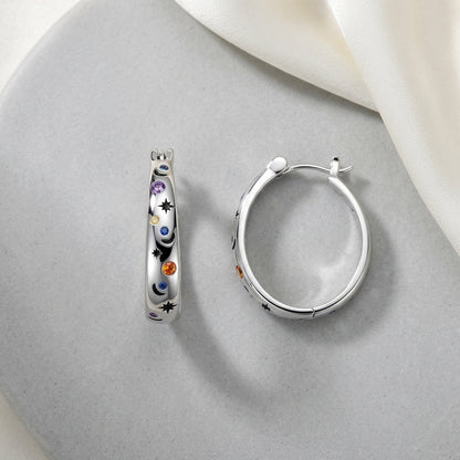 Celestial Star & Moon Multicolor Gemstone Hoop Earrings in 925 Sterling Silver
