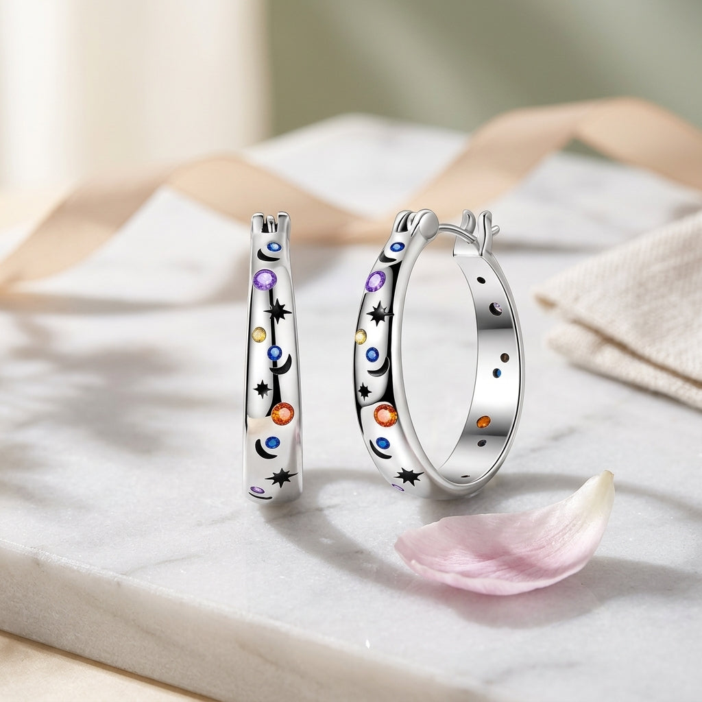 Celestial Star & Moon Multicolor Gemstone Hoop Earrings in 925 Sterling Silver