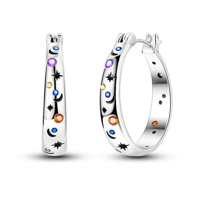 Celestial Star & Moon Multicolor Gemstone Hoop Earrings in 925 Sterling Silver