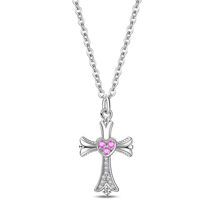 Dainty Gothic Cross Necklace with Pink Lab-Grown Diamonds in 925 Sterling Silver