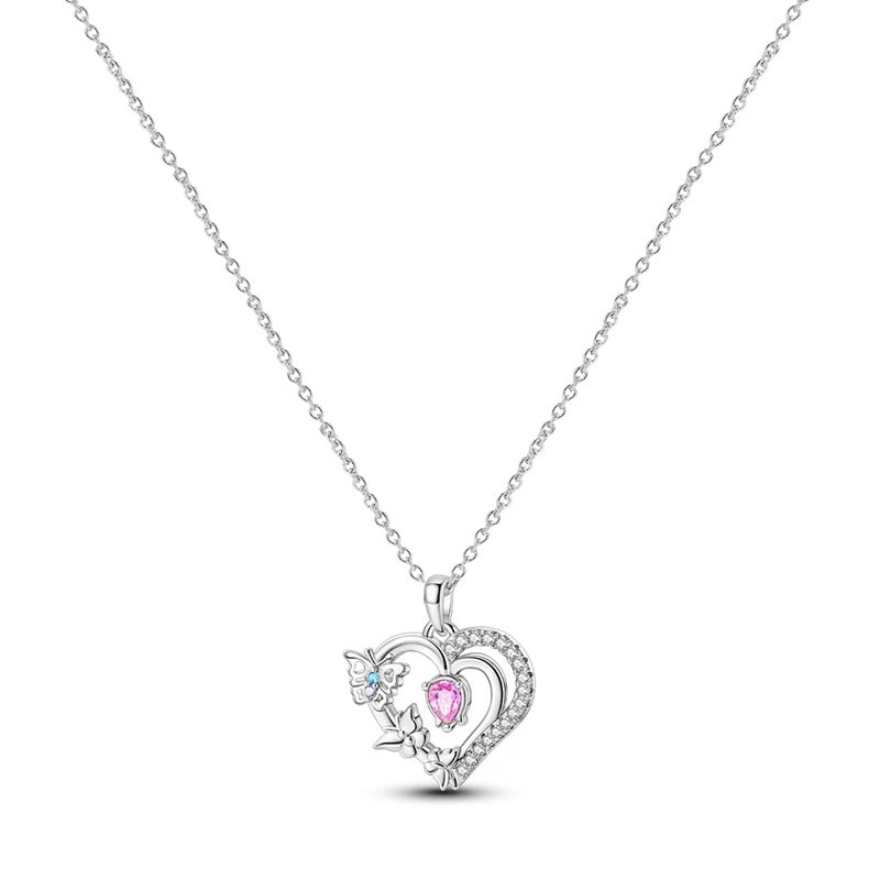 Pink Simulated Diamond Heart Butterfly Necklace 925 Sterling Silve