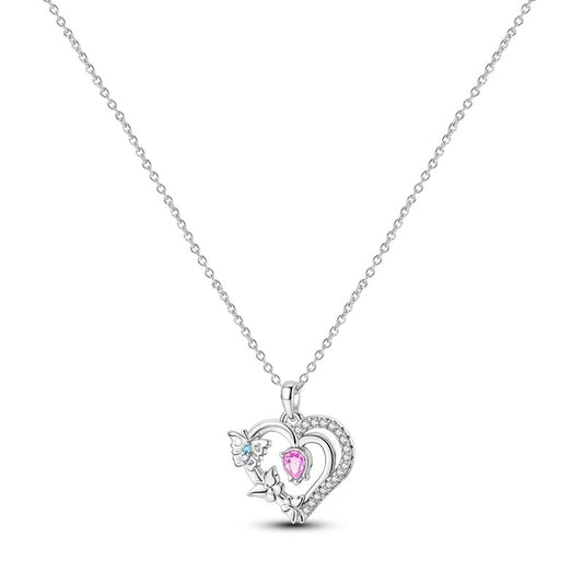 Pink Simulated Diamond Heart Butterfly Necklace 925 Sterling Silve
