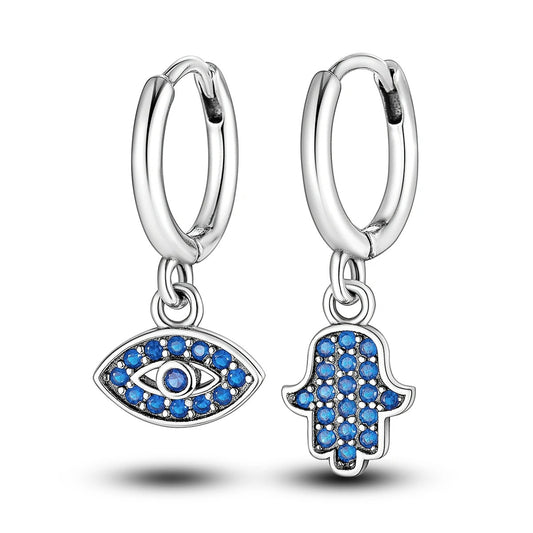 Evil Eye Hoop Drop Earrings with Simulated Blue Sapphire in 925 Sterling Silver
