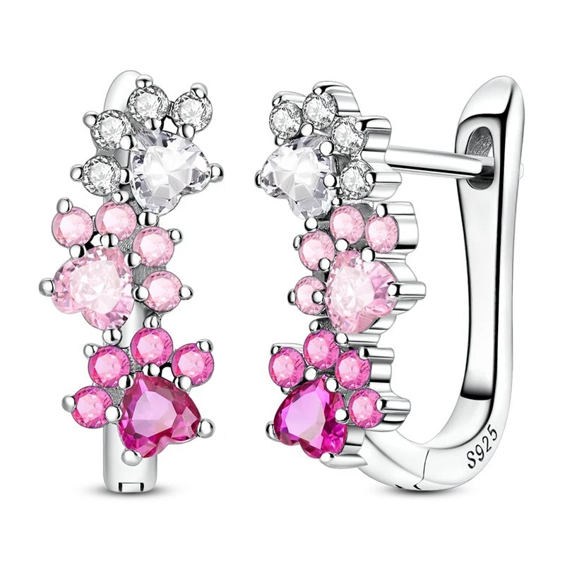 Pink Lab-Grown Diamond Dog Paw Hoop Earrings in 925 Sterling Silver – Cute Paw Print Huggies