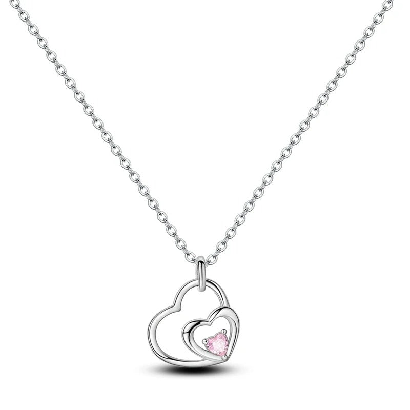 Double Heart Simulated Pink Diamond Necklace in 925 Sterling Silver