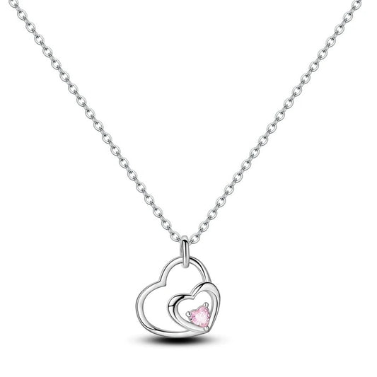 Double Heart Simulated Pink Diamond Necklace in 925 Sterling Silver