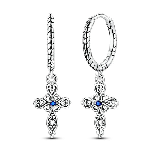 Vintage Filigree Cross Hoop Drop Earrings with Blue Sapphire in 925 Sterling Silver