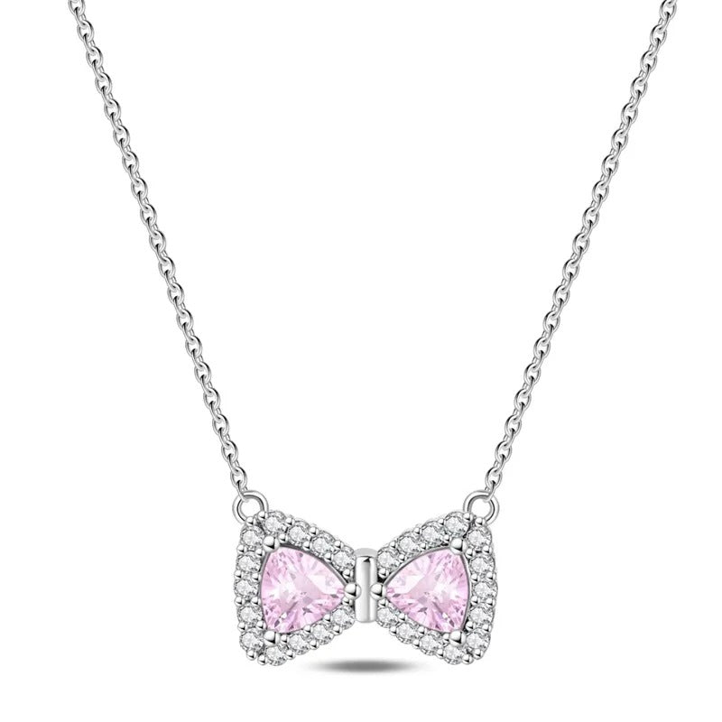Pink Lab-Grown Diamond Bow Necklace with Simulated White Diamonds in 925 Sterling Silver